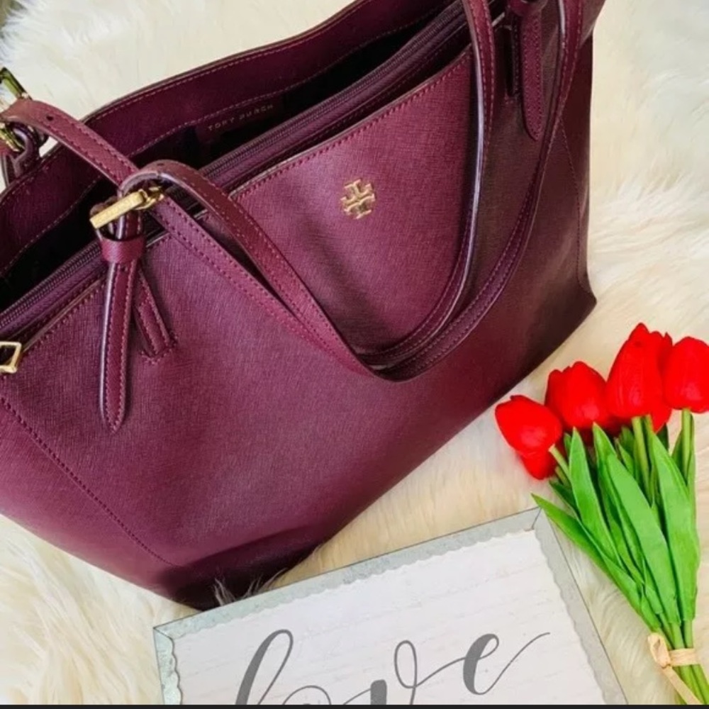Tory Burch Burgundy Saffiano Leather Tote
